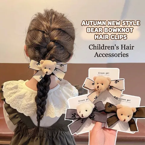 Mollette Per Capelli Con Orsetto Di Peluche E Fiocco Per Ragazze Dolce Cartone Animato Fiocco In Tessuto Accessori Per Capelli Autunno Inverno