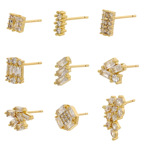 Geometric Cubic Zirconia Stud Earrings Brass 18K Gold Plated Minimalist Luxury Jewelry With Silver Earring Post For Women