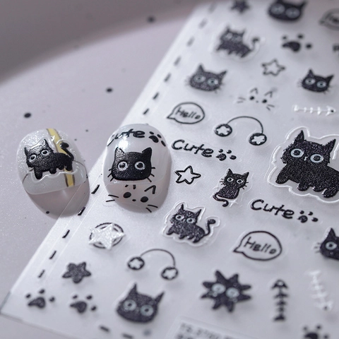 5D Geprägte Nagelkunst Aufkleber Süße Schwarze Katze Muster Fischgräte Stern Buchstabe Japanischer Ins Stil DIY Maniküre Dekoration