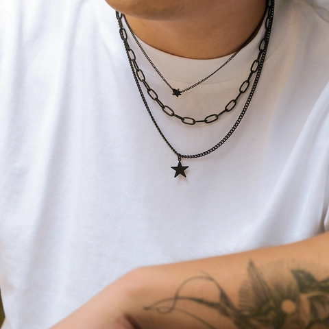 Men Black Alloy Multi Layered Necklace With Star Pendants Hip Hop Punk Style Cross Chain Trendy Jewelry For Gift