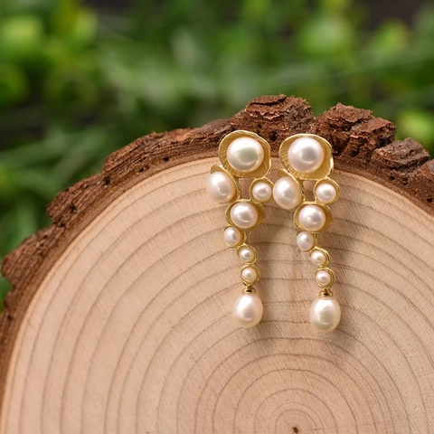 Lange Hängeohrringe Mit Natur Süßwasserperlen Und 925 Sterling Silber Ohrstecker 18K Vergoldet Organische Textur Damen