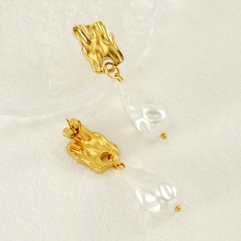 Künstliche Barockperlen Ohrhänger 18K Vergoldeter Edelstahl Unregelmäßige Hammerschlagstruktur Vintage Schmuck Für Damen