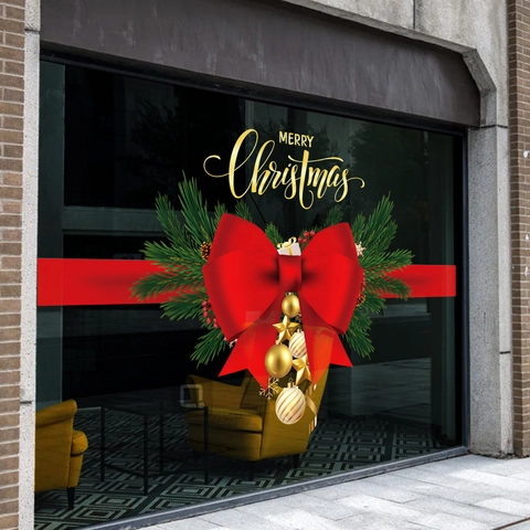 Christmas Window Stickers Static Cling PVC Large Red Bow Pine Branch Gold Ornaments Decoration Shop Glass Decals