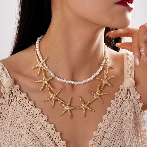 Seestern Lagenhalskette Imitationsperle Legierung Künstliche Perlen Strandurlaub Böhmisch Elegant Marine Schmuck Für Frauen