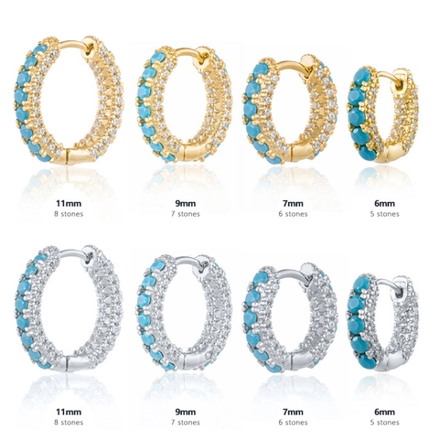 Orecchini A Cerchio Bohémien In Rame Con Turchese E Zirconi Huggies Rotondi Con Perno In Argento Sterling 925 Per Donna