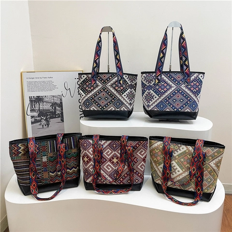 Damen Ethno Tragetasche Große Kapazität Geometrisches Rautenmuster Gewebtes Leinen PU Leder Spleißen Schultertasche Boho Retro