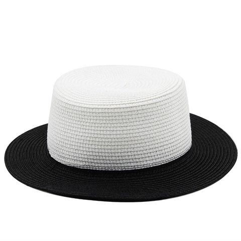 Women Summer Straw Boater Hat Flat Top Wide Brim Sun Protection Beach Vacation Two Tone Color Block Hepburn Style Vintage