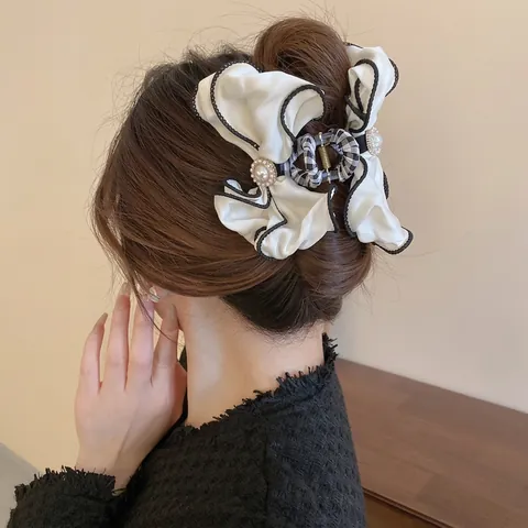 Eleganter Großer Schleife Haarklammer Satinstoff Kunstperle Französischer Stil Haarschmuck Für Damen