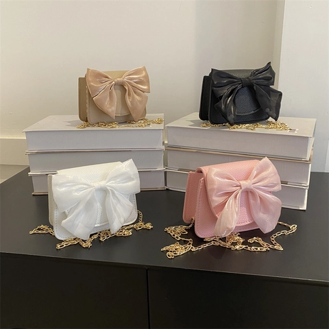 Women Fashion PU Leather Small Square Bag With Big Bow And Metal Chain Crossbody Shoulder Bag Cute Casual Handbag