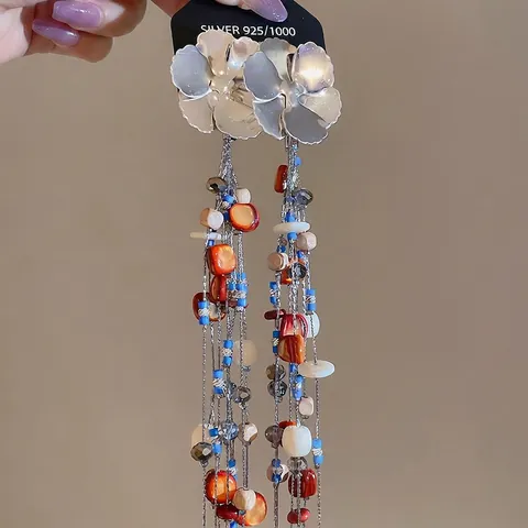 Pendientes Bohemios De Flores Con Borlas Cuentas Concha Resina Con Poste Plata De Ley 925 Estilo Colgante Vintage Mujer