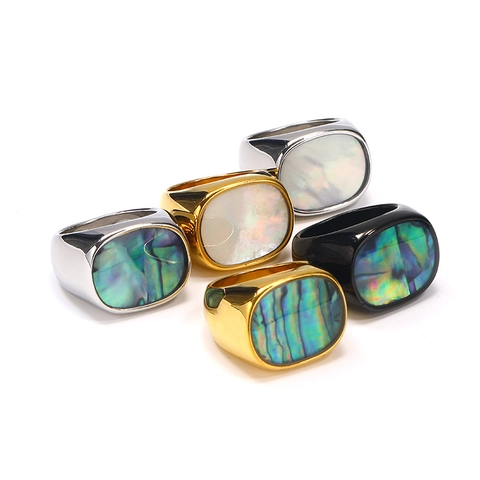 Vintage Signet Ring Stainless Steel With Oval Abalone Shell And Mother Of Artificial Pearl Geometric Fashion Jewelry For Women Men
