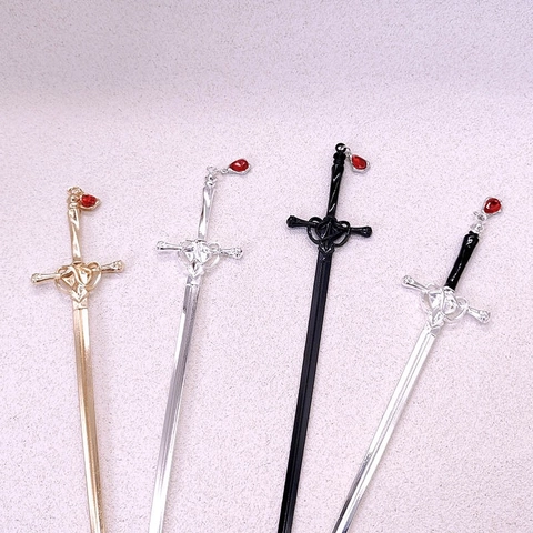 Sword Shape Hairpin Alloy Vintage Chinese Style Hair Stick With Red Rhinestone Drop Tassel Gothic Hanfu Hair Accessory
