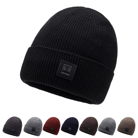 Winter Knit Beanie Hat For Men Warm Fleece Lined Thick Ribbed Outdoor Cycling Fold Over Cuff Acrylic Solid Color