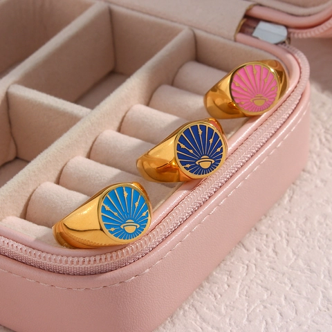 Planet Saturn Sun Round Signet Ring 18K Gold Plated Stainless Steel Enamel Vintage Fashion Jewelry For Women