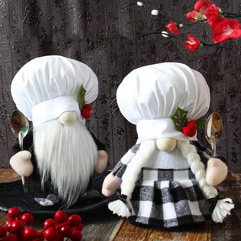 Gnomes De Chef De Noël Poupées Sans Visage Peluche Toque Blanche Et Cuillère En Métal Décoration De Table De Cuisine Nordique