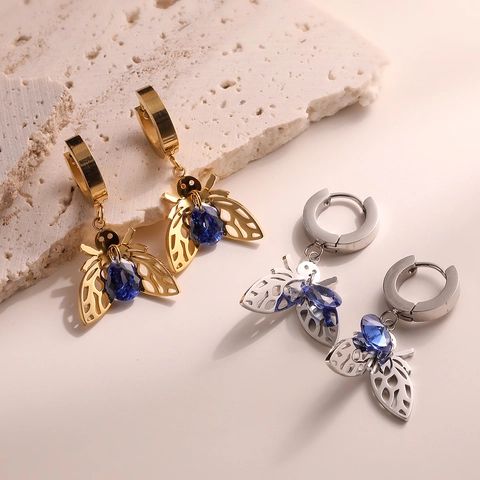 Pendientes De Aro Con Abeja Acero De Titanio Chapado En Oro Circón Azul Ala Hueca Joyería Animal Para Mujeres