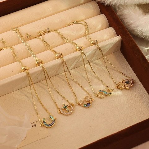 Pulsera De Latón Chapado En Oro De 18K Con Concha De Abulón Y Circonita Ajustable Cadena Deslizante Joyería Retro Francesa Para Mujeres