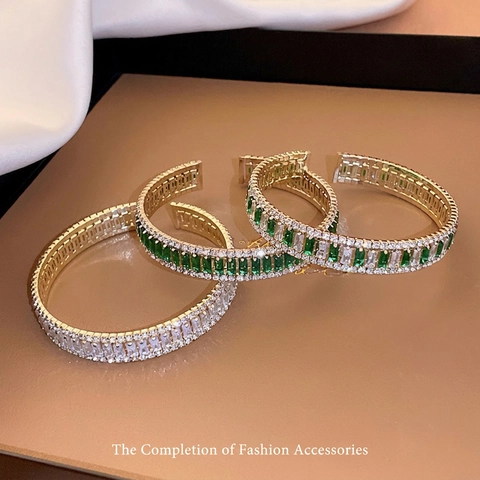 Luxury Emerald Green Square Zircon Open Cuff Bracelet For Women Gold Plated Alloy Geometric Rhinestone Bangle Jewelry