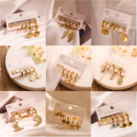 Combinación Pendientes Acero Inoxidable Chapado En Oro Mariposa Luna Estrella Ojo Turco Números Romanos Vintage Mujer