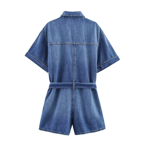 Women Short Sleeve Denim Romper With Belt Button Down Casual Workwear Style Summer Blue Cotton Blend Jean Jumpsuit For Daily