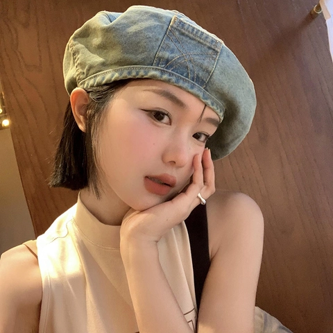 Vintage Washed Denim Beret Hat For Women With Pocket Design Adjustable Big Head Circumference Retro Cotton Artist Cap