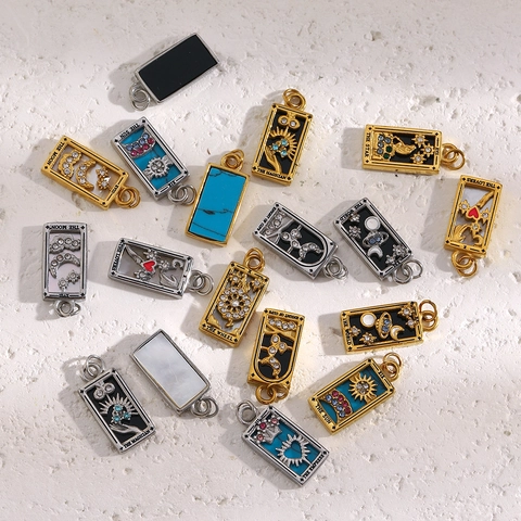 Tarot Card Pendants Stainless Steel 18K Gold Plated Enamel Rhinestone Rectangle Geometric DIY Jewelry Making Accessories