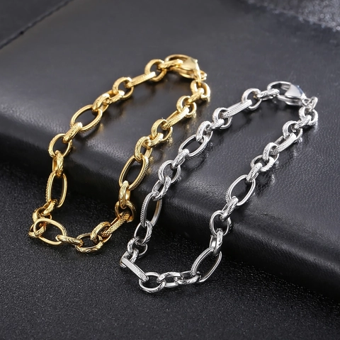 Vintage Stainless Steel Chain Bracelet For Men Women Minimalist Textured Link Geometric Jewelry With Lobster Clasp