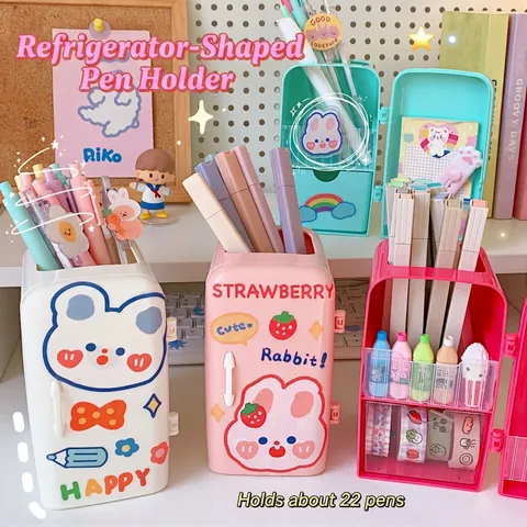 Kawaii Refrigerator Shaped Pencil Holder Desktop Organizer Multi Compartment Stationery Storage Case With Cute Cartoon Stickers For Students Girls