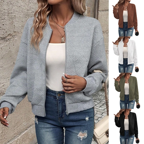 Women Zip Up Jacket Polyester Geometric Jacquard Texture Baseball Collar Casual Long Sleeve Coat Outerwear