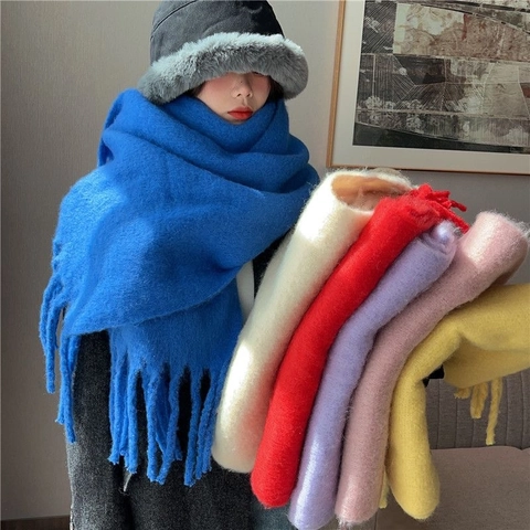 Thickened Winter Scarf For Women Solid Color Mohair-like Warm Long Shawl With Tassels Soft Elegant Simple Accessories