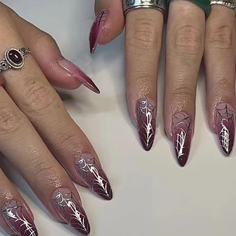 Press On Nails Stiletto Lang Farbverlauf Lila Silber Spinnennetz Muster Halloween Gothic Party Falsche Nägel Für Frauen
