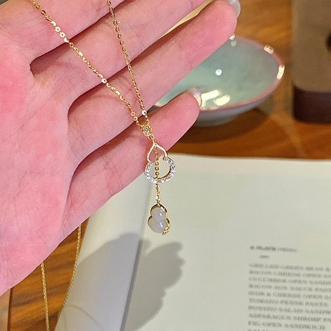 Kupfer Zirkon Doppel Flaschenkürbis Anhänger Halskette Weißer Künstlicher Jade Inlay Filigrane Schlüsselbeinkette Frauen Schmuck