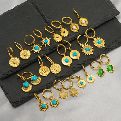 Stainless Steel Drop Earrings 18K Gold Plated With Turquoise Opal Rhinestone Retro Geometric Sunburst Jewelry For Women