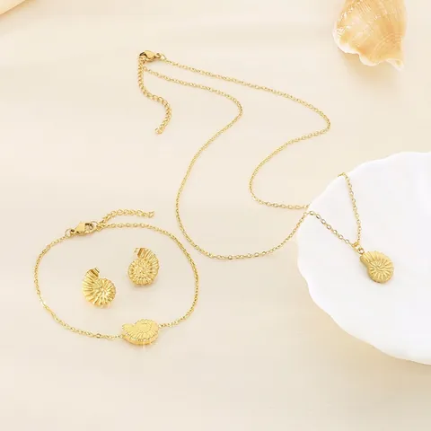 Juego De Joyas Collar Pulsera Y Pendientes Colgante De Concha De Nautilus Acero Inoxidable Tema Océano Para Mujeres Moda