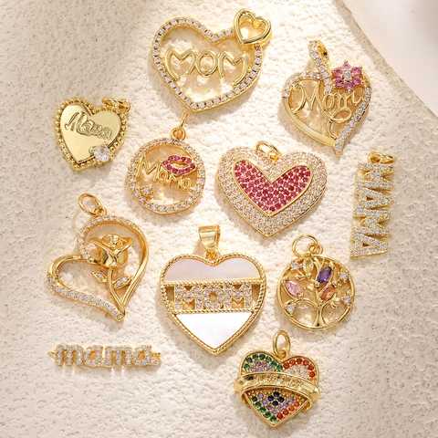 Mama Mom Heart Pendant Gold Plated Copper Cubic Zirconia Mother Of Artificial Pearl Shell Charms Jewelry For Mother Day Gift Sweet