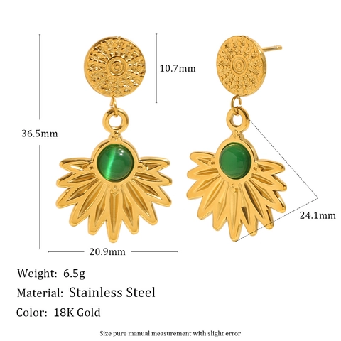 Orecchini Pendenti A Forma Di Ventaglio Acciaio Inossidabile Placcato Oro 18K Agata Verde Vintage Pietra Ovale Stile Francese Elegante Donne