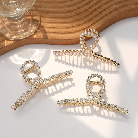 Pinza Para El Pelo Grande De Aleación Elegante Con Perlas Artificiales Artificiales Diamantes De Imitación Antideslizante Para Mujeres