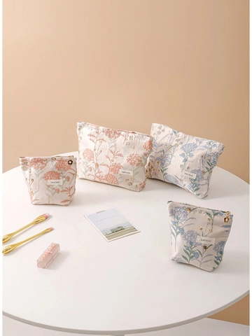 Floral Jacquard Makeup Bag Portable Travel Cosmetic Pouch Canvas Storage Organizer With Flower Zipper Pull For Women