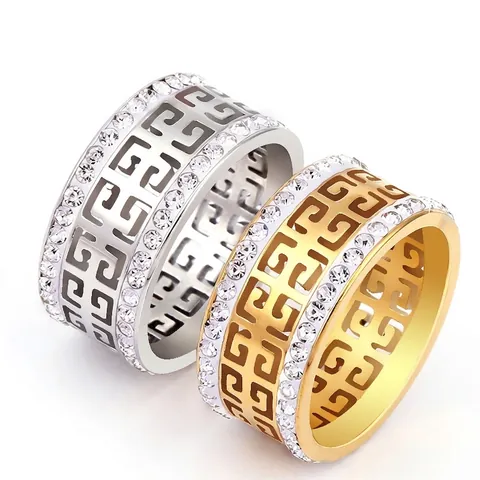 Stainless Steel Band Ring Greek Key Hollow Design Double Row Zircon Inlaid Niche Luxury Geometric Finger Jewelry Unisex