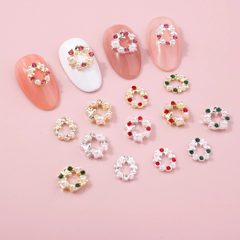 Weihnachtskranz Nagelkunst Anhänger Legierung Strass Künstliche Perle Hohl Schmuck Für Winter Maniküre Festlich Dekoration