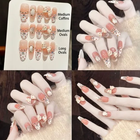 Handgefertigte Künstliche Fingernägel Kunststoff Straßperlen Dekor 3D Bogen Französisch Katzenauge Gradient Süß Elegant Für Damen