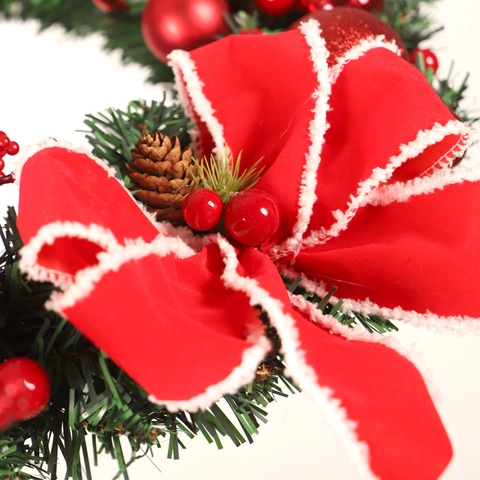 Corona De Navidad Artificial Pvc Agujas De Pino Bayas Rojas Piñas Lazo De Tela Ornamentos Puerta Delantera Hogar Fiesta Decoración Clásica
