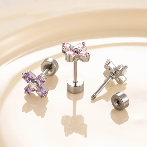 Titanium Steel Cross Cartilage Earrings With Square Zircon Screw Back Stud For Women Girls