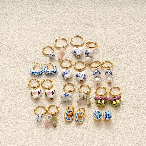 Vintage Hoop Earrings Stainless Steel Ceramic Blue White Porcelain Heart Butterfly Floral Chinese Style Jewelry For Women