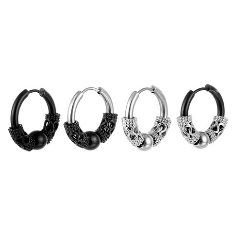 Orecchini Cerchio Retro Acciaio Inossidabile Motivo Drago Inciso Sfera Scorrevole Gioielli Punk Gothic Uomo Donna