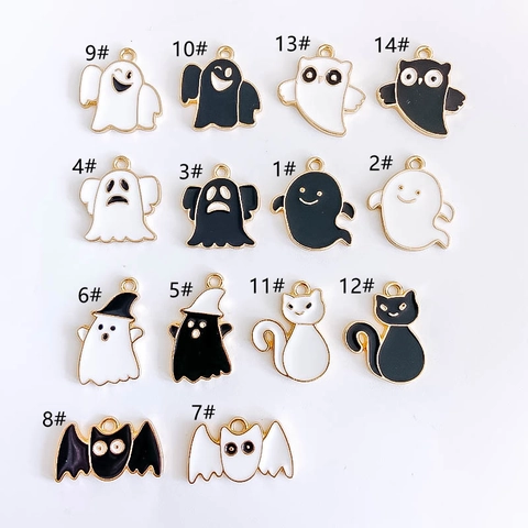 Dijes De Aleación De Esmalte De Halloween Para Hacer Joyas Colgantes De Fantasma Murciélago Búho Gato Blanco Negro