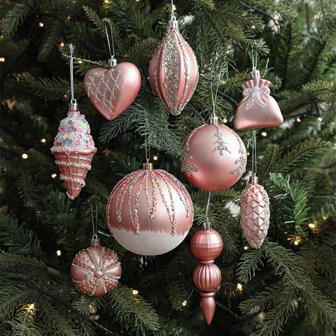 Pink Christmas Tree Ornaments Plastic Electroplated Glitter Hanging Baubles Holiday Festive Party Decoration Mixed Shapes