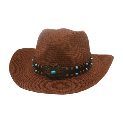 Chapeau De Paille Western Cowboy Tissé À La Main Protection Solaire Été Rétro Bohème Turquoise Bande En Cuir Style Ethnique