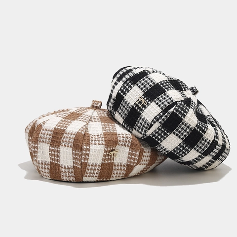 Basco A Quadri Stile Francese Da Donna Con Decorazione Fiocco In Metallo Vintage Tweed Cappello Da Pittore Accessorio Casual
