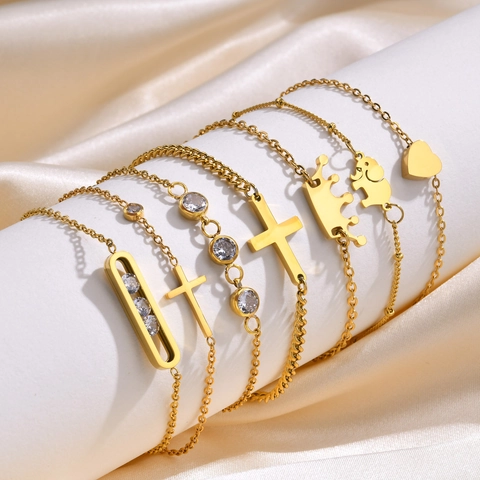 Bracciale Croce Cuore Elefante Corona Acciaio Inossidabile Zircone Fascino Minimalista Gioielli Placcati Oro IP Per Donna Regolabile